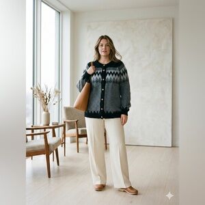 Gamboa Alpaca Wool Button Down Cardigan Sweater Gray Black Fair Isle Longline L